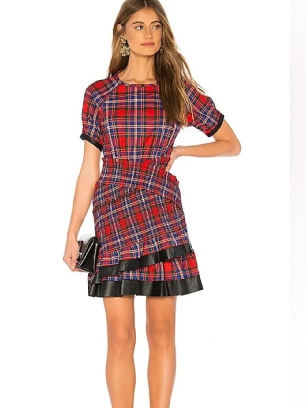 Tanya Taylor Nicole Dress Red Plaid Lambskin Trim, size 8
